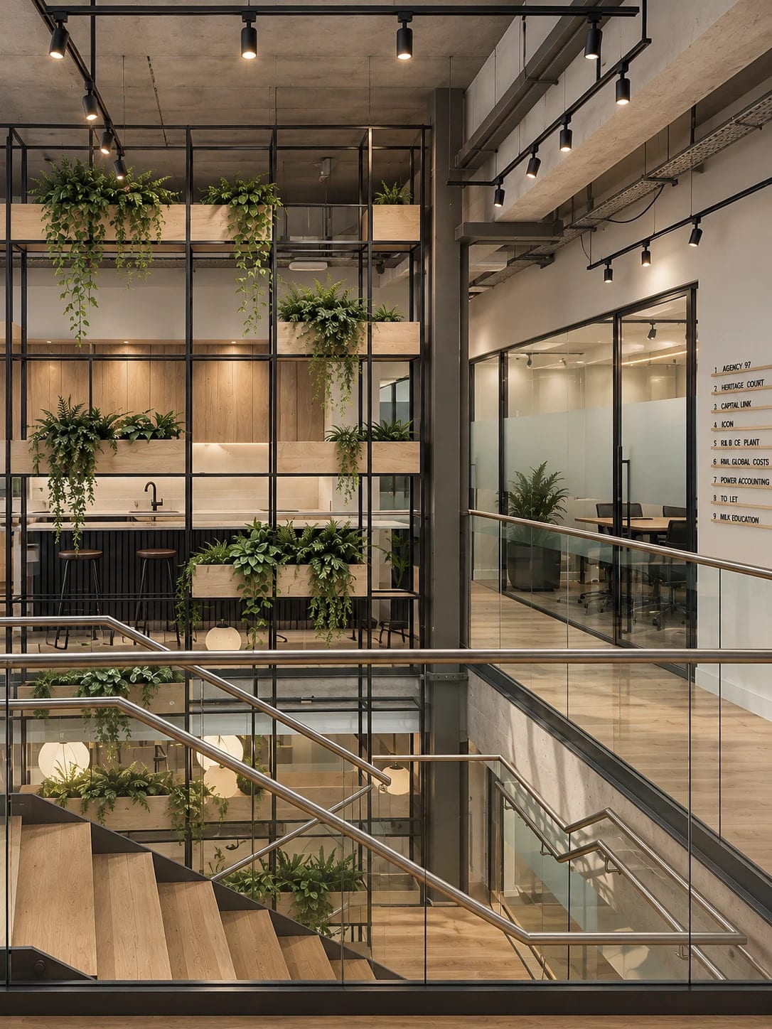 The planted trellis and open staircase at ShiftWorks Royal House, Chester, seen from the mezzanine