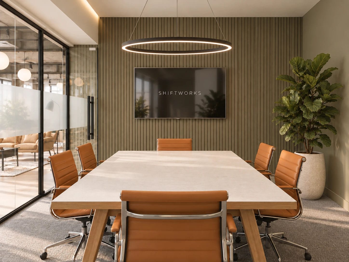 The boardroom at ShiftWorks Royal House, Chester, with tan leather chairs and a wall-mounted screen
